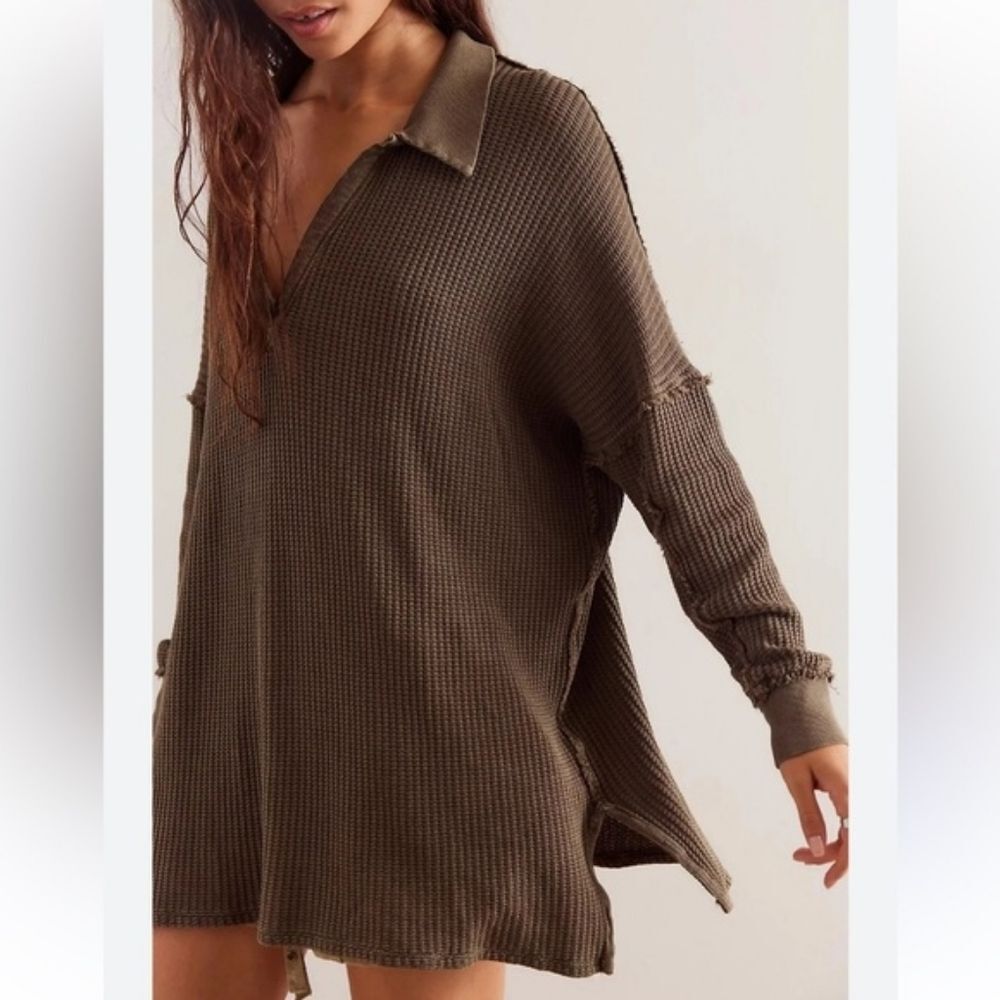 Free People Travis Tunic Polo Top Waffle Knit Thermal Green Oversized Lounge M - Picture 3 of 12